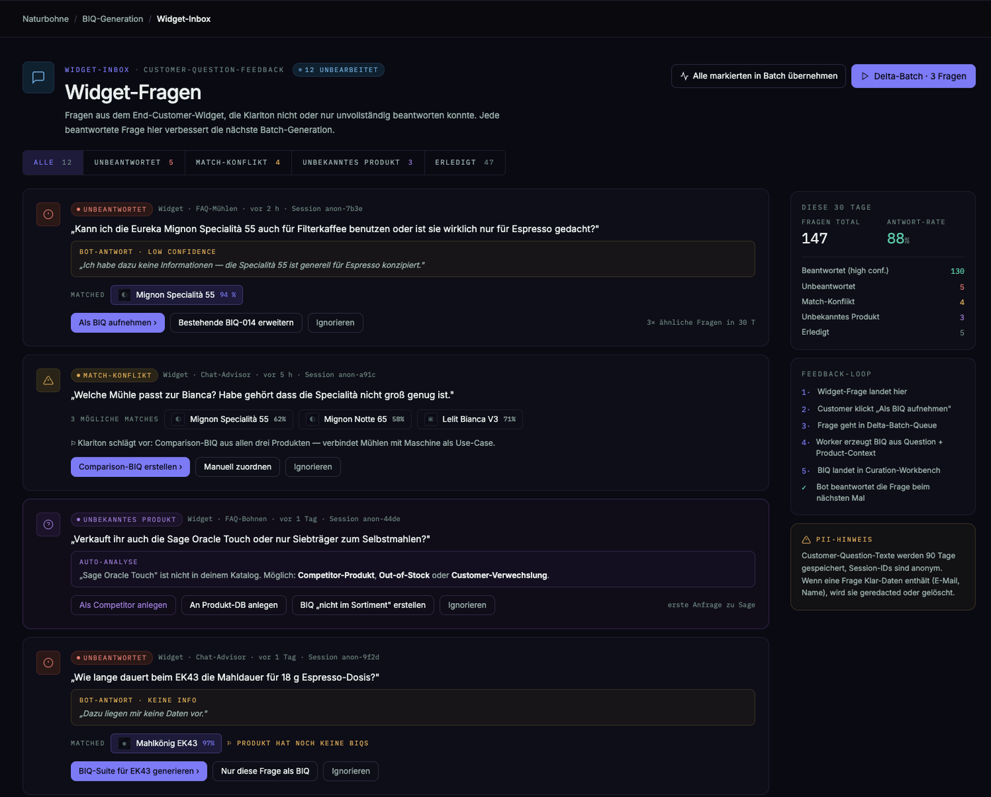 Klariton questions inbox: real customer questions from the shop widget that become new sourced answers